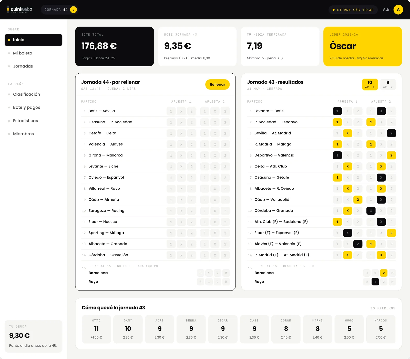 Home de quiniweb: boleto de la jornada y resultados