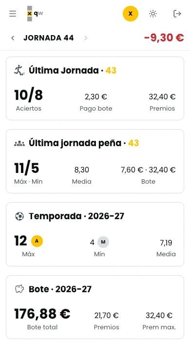 Inicio de quiniweb en el móvil